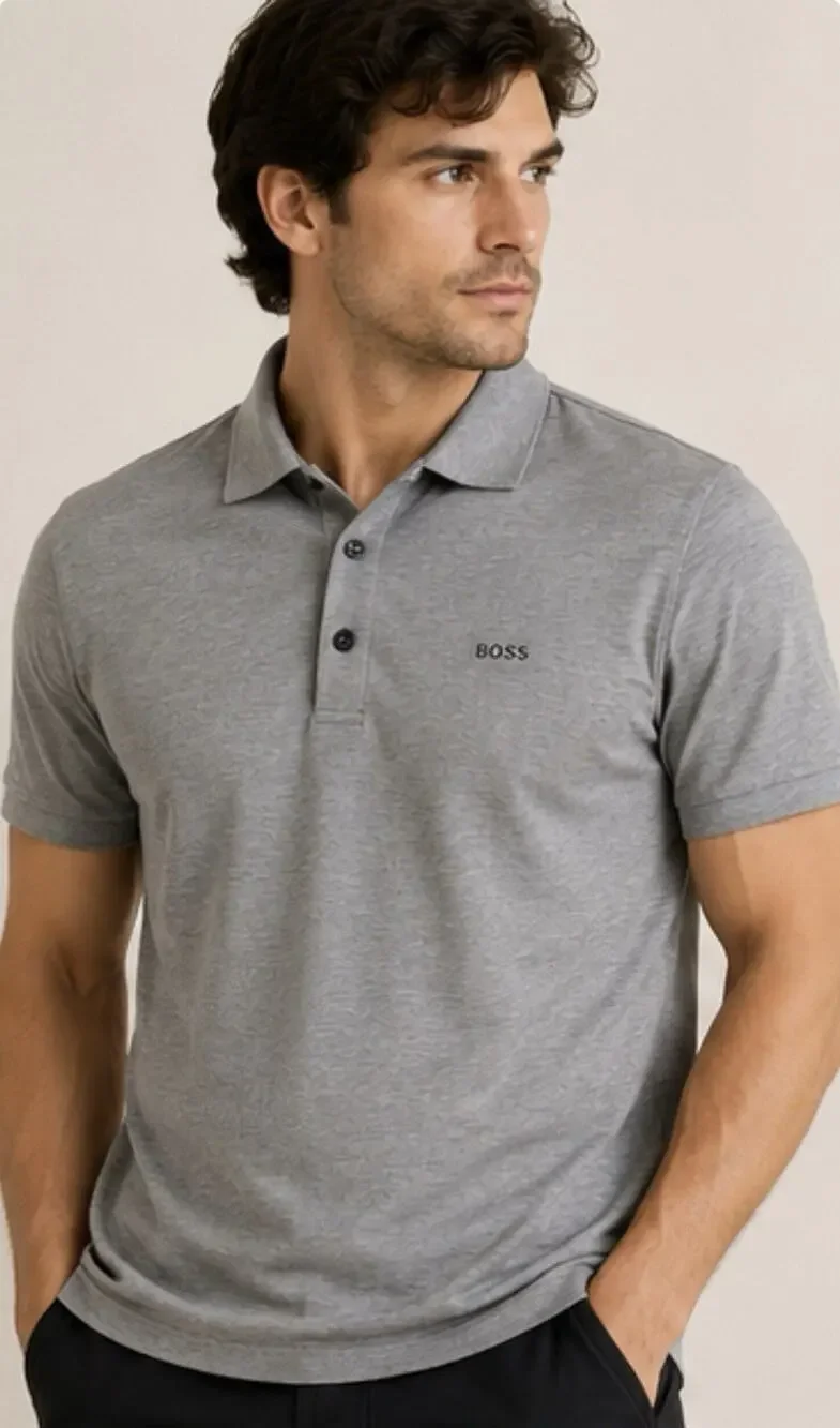 BOSS Hugo Boss Mens Gray Slim Fit Polo Shirt Short Sleeve Textured Golf Large